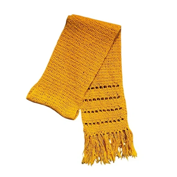 Vintage Pat Crowley Hand Crocheted 100% Wool Fringe Scarf Mustard Yellow Ireland